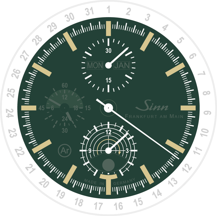 Green dial of a Sinn hunting watch with luminous indices, central chronograph hand, day and month display, and moon phase indicator.